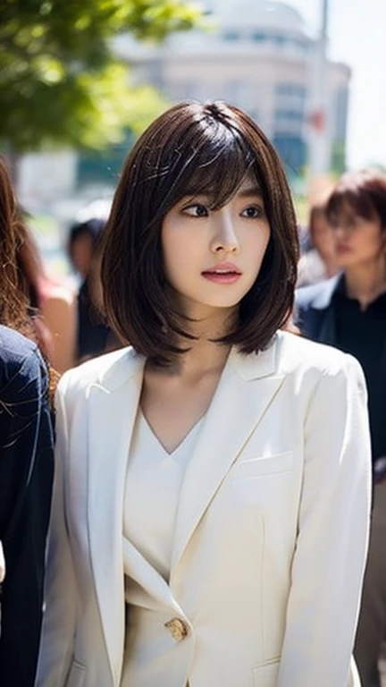 ((Best quality, 8k, Masterpiece: 1.3)), Sharp focus: 1.2, A beautiful woman with perfect body: 1.4, Slim abdomen: 1.2, ((Layered haircut, Large breasts: 1.2)), (no bra) (Small and beautiful hard nipple) (Thin and damp button up to shirt length: 1.1), (White shirt wet by rain), (Rain, Street: 1.2), Wet body: 1.1, Highly detailed face and skin texture,  Detailed eyes, Double eyelid, tanned skin, sexy, tan