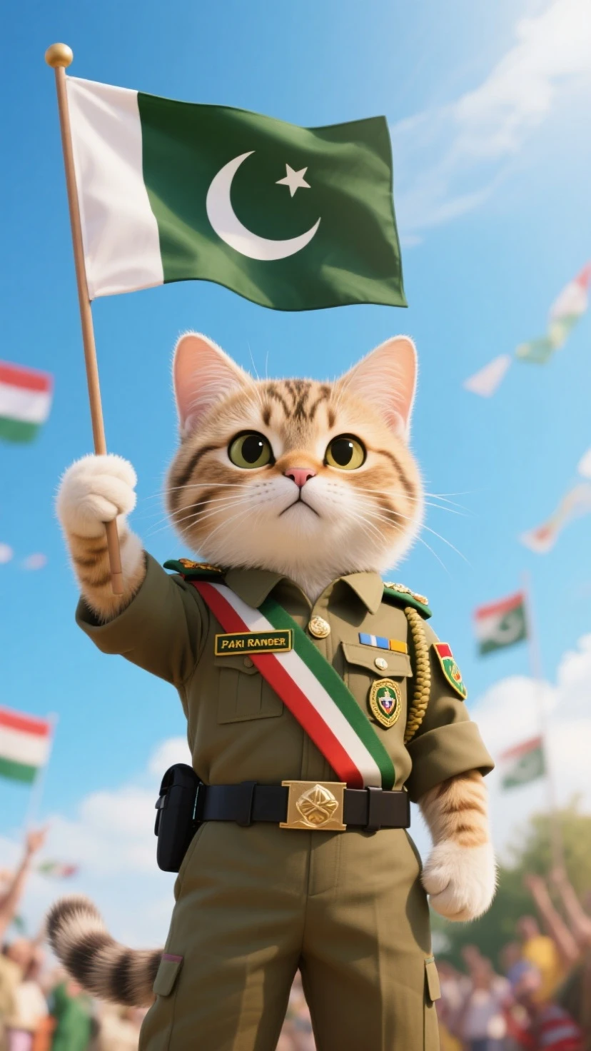 A cat is cutting a cake with a knife with a natural background in Pakistan They are holding a flag in celebration of August 14 of Pakistan. The cat is wearing a green t-shirt, a white jacket, white pants, green shoes and sunglasses.