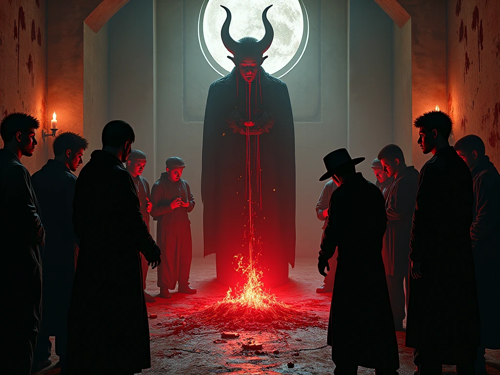 A completely dark place where there is no light except in one place, in which a strange red light fell from nothingness and there are three demons and in front of them the cursed magician was sitting, the demons were as follows: Throughout the tall they had two horns left the head in a terrifying way as if they were bulls, and they have eyes Dark black is like night without full moon, but what distinguishes it is that it is larger than the eyes of humans and was broadcasting in the heart of those who look at them, and their bodies were fully covered by hair, and the magician who was in the third decade of white face in a good shape and if behind this face is evil without limits, And he was wearing the hat that was famous for the eighteenth century people, and in his hand he was carrying a black stick topped with a snake that reveals his scary ways. --auto --s2