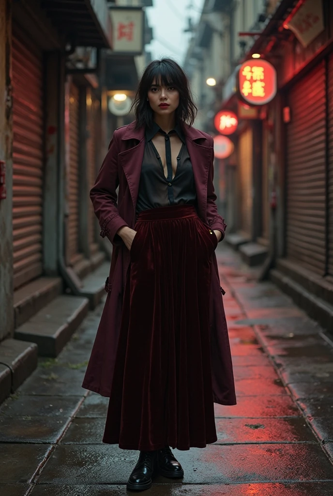 super closeup portrait, Amidst the smoky haze of the 1940s noir cityscape, a half-human, half-cyborg woman emerges from the shadows. Clad in a vibrant red bathrobe, she wields a gleaming samurai sword with a purpose. As she strides towards you, her eyes piercing through the monochrome atmosphere, capture the essence of this cinematic moment in the style reminiscent of Sin City. very detailed, raw photo, photorealistic, high detailed texture, 8k