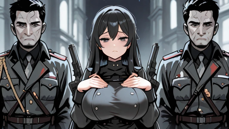 slender woman long black hair Surrounded by soldiers、attacked by soldiers、soldiers are violent、A woman's arm is grabbed by a soldier.、Woman looks in agony、black rubber suit(No sleeve) 女はSurrounded by soldiers腕を掴まれた A soldier hugs a woman's body、long legs woman is arrested by soldiers 女はSurrounded by soldiers The background is the city at night、dark fantasy