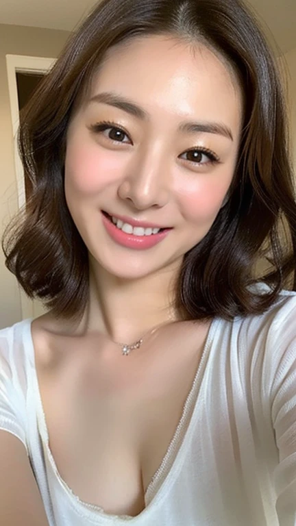 ((Highest quality)), ((8K)), ((masterpiece: 1.3)), (Perfect appearance), (Photorealism: 1.6), (TI), (View from directly below: 1.2), (Japanese Mature), (58 years old), ((Realistic skin texture)), (Fine wrinkles appear all over the skin), (Dullness), (Unmoisturized skin) , (Facial wrinkles), (Wrinkles around the eyes), double eyelid, Lower eyelid tear trough, (Dimples), Short bangs, Long wavy hair, She is smiling gently with the corners of her mouth raised, Doing sexy poses, Mature woman's loose figure, Small breasts, Small breasts, Flat Chest, Bedroom with morning sun streaming in, Strong sunlight, bright, She is smiling gently with the corners of her mouth raised,
