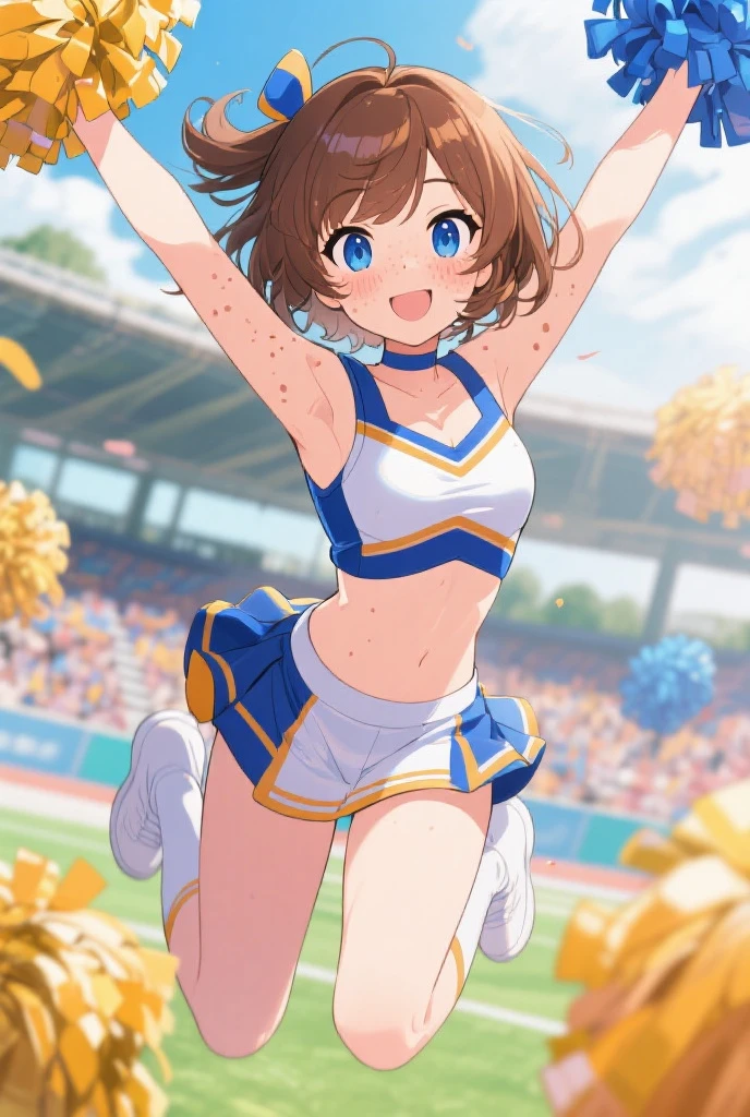 irohaisshiki, iroha isshiki, short hair, brown hair, (brown eyes:1.5), smile,happy smile, smile, open your mouth,(cheer leading), (whole body), medium chest, (sweaty), sweaty Wet Clothes, (yellow clothes),Yellow pleated skirt,sneakers , Navel support, playground, (jump), (jump), 足を曲げてjumpする, air, blue sky, Grass原, smile
チアリーダー, pom pom \(cheer leading\), Grass, smile,
break outdoors,stadium,
break looking at viewer,(cowboy shot:1.5),
break (masterpiece:1.2), highest quality, High resolution, unity 8k wallpaper, (figure:0.8), (detailed and beautiful eyes:1.6), highly detailed face, perfect lighting, Very detailed CG, (perfect hands, perfect anatomy),