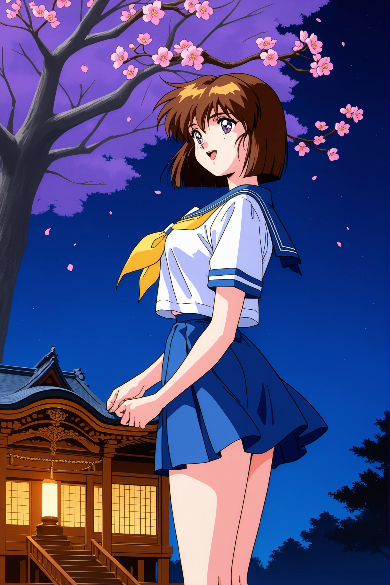 1girl,solo,masterpiece,general,highres, ultra-detailed,very aesthetic,best quality,best hands,best eyes,easynegative,perfect anatomy,BREAK,Amatsu_Mai,brown hair, short hair, breasts, purple eyes, bob cut, bangs,1990s \(style\),anime coloring,BREAK,school uniform,serafuku,standing,night,(((plum blossom))),plum tree,from side,open mouth,smile,shrine