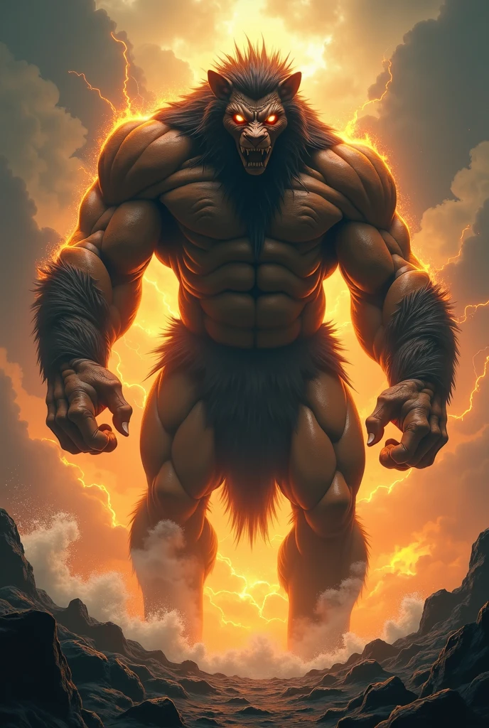 Close-up of a giant ape monster，Lightning comes out of it, hyper realistic fantasy monster, a massive celestial giant god,  8k hd wallpaperjpeg artifact, 8k hd wallpaperjpeg artifact,  world of warcraft concept art