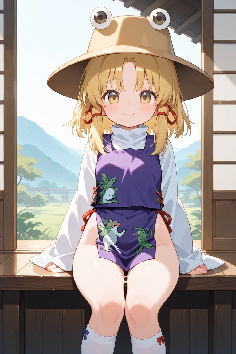 1girl,underwear,panties,animal_ears,solo,lifted_by_self,fox_ears,clothes_lift,white_panties,from_below,tail,fox_tail,fox_girl,hairband,skirt,skirt_lift,blonde_hair,bow,loli,blush,looking_at_viewer,animal_ear_fluff,navel,green_eyes,bow_panties,outdoors,heart,sky,multiple_tails,japanese_clothes,looking_down,blue_sky,closed_mouth,cameltoe,day,bangs,smile,hakama,sweat,thighs