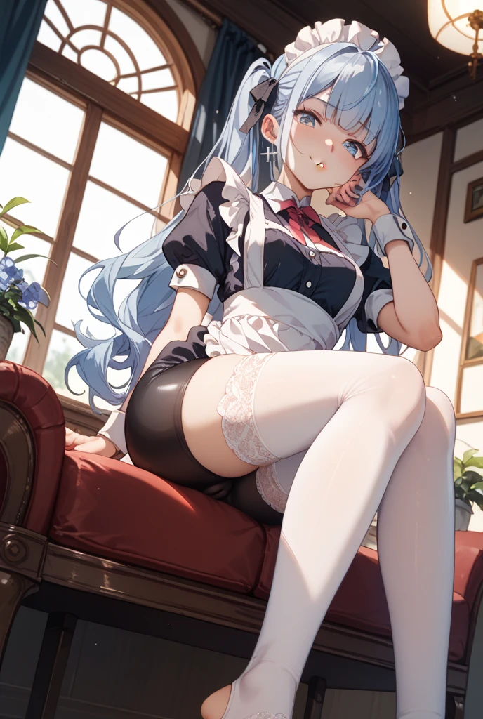 Young girls，double-ponytail，Pale blue hair，red color eyes，JK school uniform，solo person，Maid skirt，white stockings，White knee-length socks，Suspenders，looking to the camera，in a panoramic view，Lying on the couch，Five black males，White T-shirt，denim pant，Smiling at the girl，Masterpiece，Best quality，Japanese style binding，tatami mats，bedroom background，4k，Outstanding work。