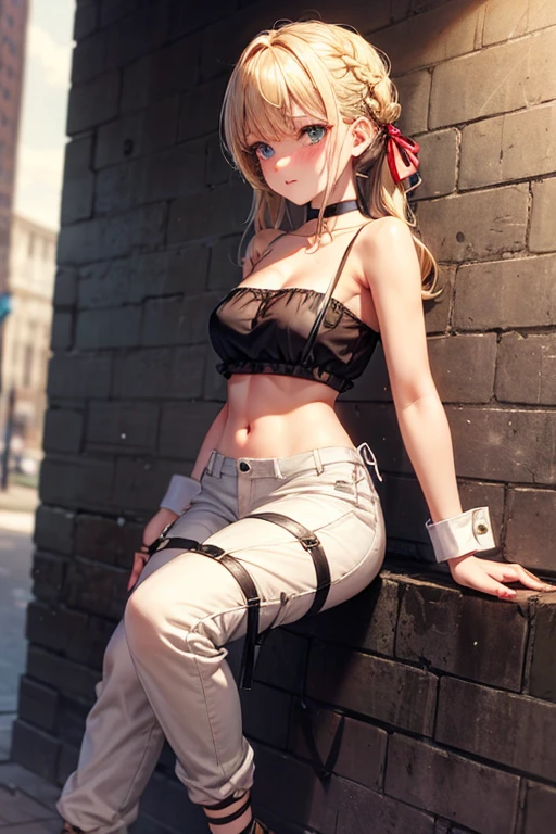 highres, 1girl, ((hair cover one eye, loona shorts, face detailed, spiked collar, pentagram on ?????, Legs long, bored face, feets, and to the cauda, academy, dentro da academy, luvas loona, sitting on a bench))), solo, crop top, ??????? big, fully body, tummy, Waist slender, big ????, ((((front)))), loona, black thighs, hairy, Pelo, antrum, Eyes red, patas