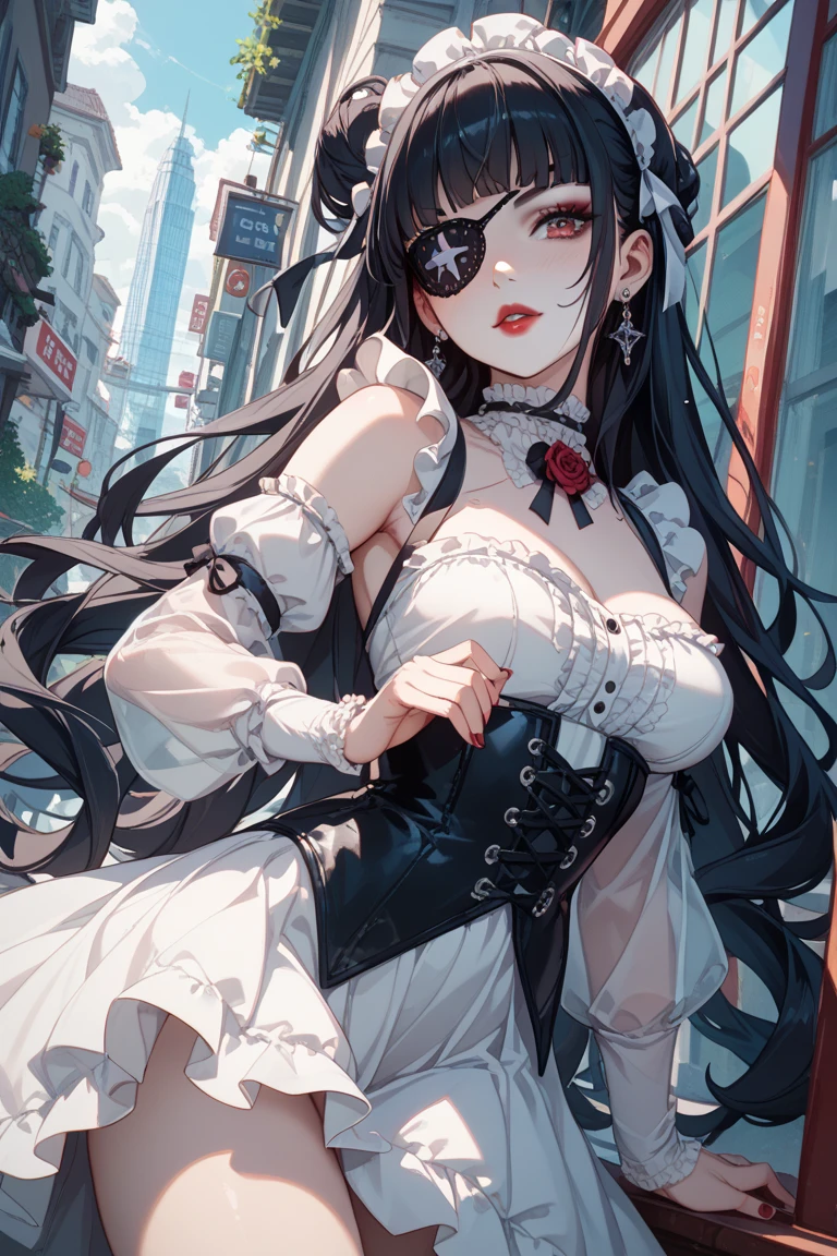 ((masterpiece:1.4,The best quality at its best))+,(Hyper Detail)+,(Detailed eyes:1.5)+,(Pointed Ears:1.5),(Cute Girls),(Golden red eyes:1.5),(Long black hair:1.5),(wariza:1.2),Pale-skinned,Captivating smile,black crystal block,Red crystals on the forehead,(Black maid outfit:1.5),(Black Ribbon:1.4),Dense teeth,stand up and salute,Metal Chain,Black silk gloves,Ice pack cleaning effect,(Classic maid:1.1),(Dawn Light:1.2),(Dark black and white:1.16),(Depth of written boundary:1.4),Intricate detailixing colors,detailed route,wonderful,Super Detail,The content is very detailed,(High contrast:1.11),Wind,wonderful胸の谷間,Beautiful Eyes,Messy Hair,(Best lighting,Extremely delicate and beautiful), ((Cinema Lighting)), (View from the side:1.3),8k,masterpiece,The best quality at its best,Movie stills,1 plump girl,(Cleavage close-up:1.1),bright,interesting,Gentle soft lighting,(Bauhaus,shape,line engineering,Abstract:1.1)Official Art, unity 8k wallpaper, Super detailed, Beautiful and beautiful, masterpiece, The best quality at its best, (Dynamic Angle:1.4),Perfect NwsjMajic,(masterpiece,Highest quality,The best quality at its best,Official Art,Beauty and aesthetics:1.2),The content is very detailed,Rich colors,Best details,