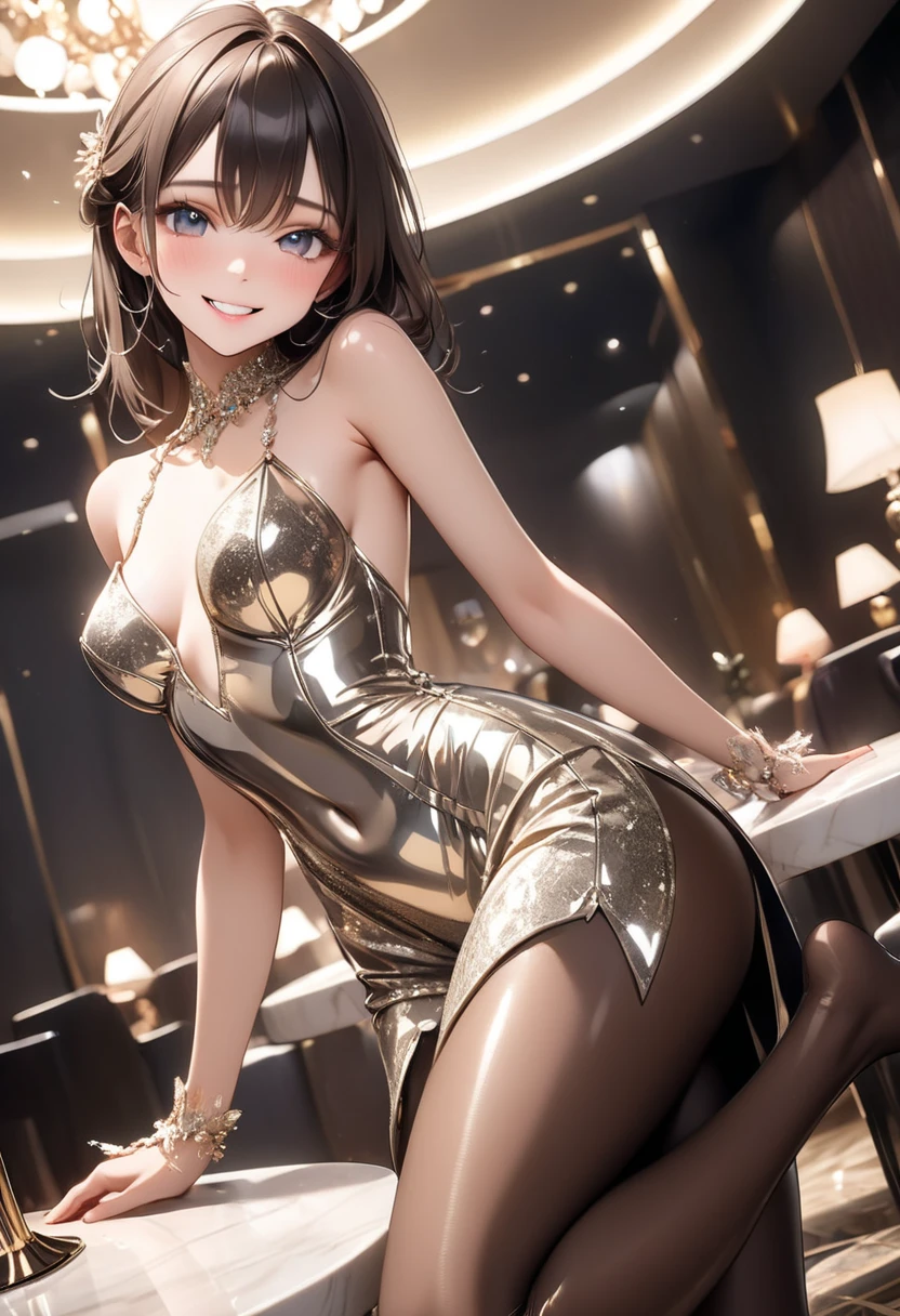 top-quality、Top image quality、sakura bakushin o \(umamusme\)、​masterpiece、girl with((20yr old、Best Bust、big bast、Bust 85、Breasts wide open、A slender、Large valleys、Gold Bikini、Gold Dress,Leaning forward、Reflecting the whole body)）hiquality、Beautiful Art、Background with((Luxury Hotels、Golden Chain、Window with night view)))masutepiece、visualart、depth of fields、