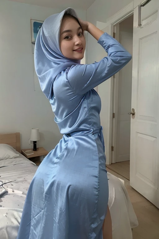 a beautiful young woman hijab, (((super big breast))), (very big breast covered), (Big breast), bare breast, perfect face, (((very huge big breast,))), ((( Big Breast))) long dress muslim, (((covering mouth, long veil))), Slim Face、20 years old, stil young, Pretty Lady, grab her breast, smile eyes, stand up, (big breast covered) , see full body, batthroom, fat belly, leg emphasis