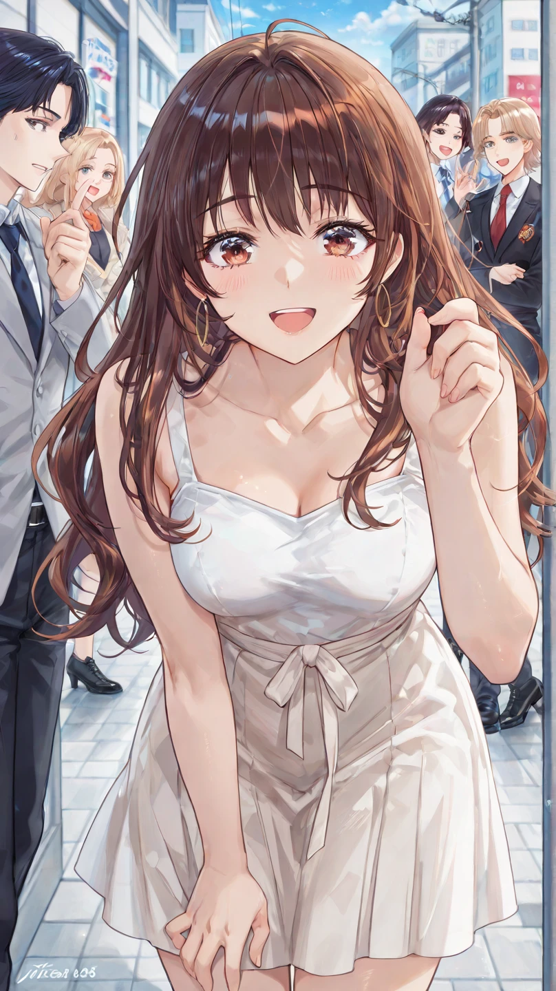 detailed illustration, dynamic angle, ultra-detailed, illustration, 1girl, 18 year old, school girl, wavy brown hair, long hair, bright brown eyes, cleavage, medium breasts wedding dress, changing room, wide eyes, tears in eyes, crying, sad, broken, shocked, worried,