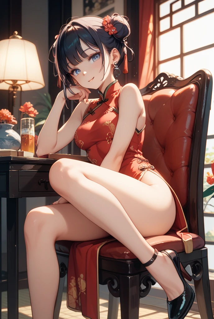 (masterpiece:1.3, top-quality, ultra high res, ultra detailed), (realistic, photorealistic:1.4), beautiful illustration, perfect lighting, natural lighting, colorful, depth of fields, surrealism, 
beautiful detailed hair, beautiful detailed face, beautiful detailed eyes, beautiful clavicle, beautiful body, beautiful chest, beautiful thigh, beautiful legs, beautiful fingers, white skin, shiny skin, 
looking at viewer, 1 girl, japanese, 18 years old, (perfect anatomy, anatomically correct, super detailed skin), cute and symmetrical face, babyface, perfect face, perfect eyes, perfect fingers,
(middle hair, double bun hairstyle, mocha brown hair), asymmetrical bangs, blue eyes, big eyes, long eyelashes, glossy lips, (medium breasts, seductive thighs), slender, outstanding style, 
(detailed cloth texture, bottomless, red chinese dress with slit:1.4, high heels), earrings, 
(beautiful scenery), night, (chinatown:1.5, outdoor restaurant), sitting table, (cute, pretty smile, open mouth small), 