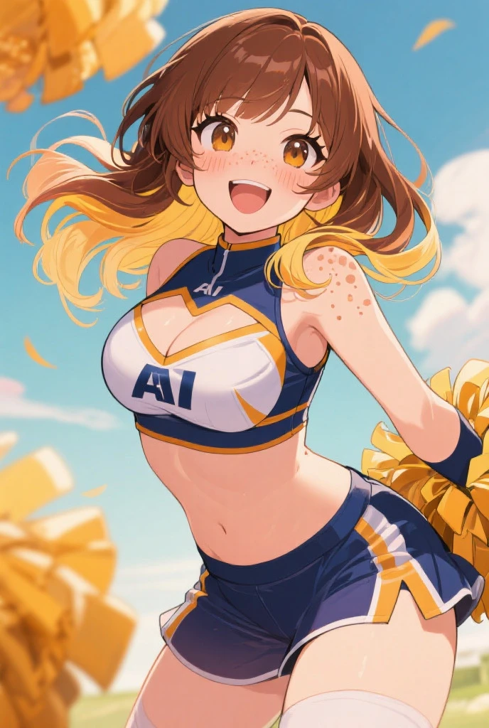 Bigboobs,cleavage,Blue,White,group shot:1.7,baseball stadium,Panty drop:1.5,Clothing with tiger printed on it,tubetops,Underboobs,ponytail,cheerleader, stadium, team spirit, pom-poms, enthusiastic, energetic, crowd, uniform, sports event, cheering, colorful, dynamic pose, happy, vibrant, teamwork, celebration, night game, lights, action