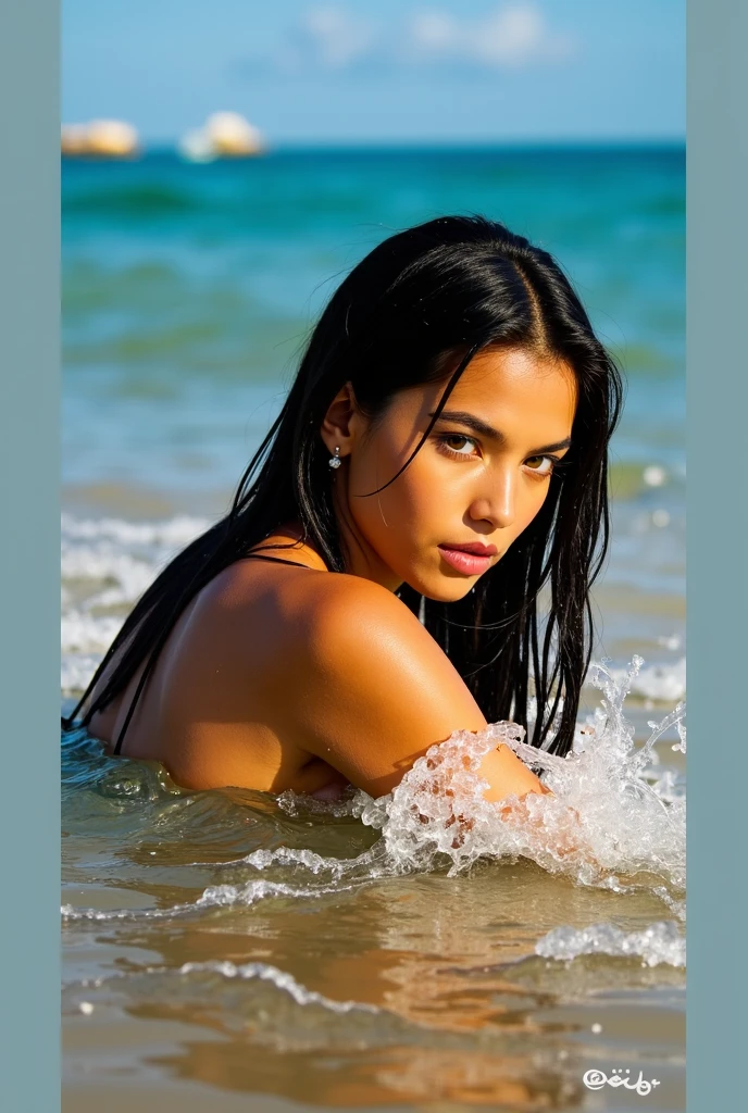 (best quality,4k,8k,highres,masterpiece:1.2),ultra-detailed,(realistic,photorealistic,photo-realistic:1.37),HDR,UHD,studio lighting,ultra-fine painting,sharp focus,physically-based rendering,extreme detail description,professional,vivid colors,bokeh,portraits

A girl is sitting on a beach, her long blue hair flowing in the wind, with BIG  accentuating her stunning figure. Her light blue eyes sparkle under the sunlight, drawing attention to her face. She has big lips, perfectly shaped and inviting. The girl is wet from the water, glistening with droplets on her skin.

The beach is the backdrop of this scene, with its sandy shoreline stretching out into the distance. The waves crash gently onto the shore, creating a serene atmosphere. The sand is golden and warm, contrasting with the cool blue tones of the water.

The image quality is top-notch, showcasing the finest details with clarity and precision. The colors are vivid and vibrant, capturing the essence of the scene. The lighting portrays a golden hour ambiance, casting a warm glow over the girl and the beach.

This portrait-style artwork captures the captivating beauty of the girl and the stunning beach scenery. The emphasis on ultra-fine painting and sharp focus ensures that every detail is rendered with utmost precision. The overall image exudes a realistic and photorealistic quality, immersing the viewer in the art.

The color tone leans towards a dreamy and ethereal aesthetic, with pastel blues and warm golden hues dominating the composition. This creates a mesmerizing atmosphere, enhancing the beauty of the scene. The lighting further accentuates the mood, adding depth and dimension to the artwork.

In summary, the prompt describes a high-quality, ultra-detailed artwork featuring a girl with long blue hair, BIG , light blue eyes, and big lips. She is sitting on a beach, wet from the water, and surrounded by a serene coastal landscape. The image quality is exceptional, with ultra-fine painting and s