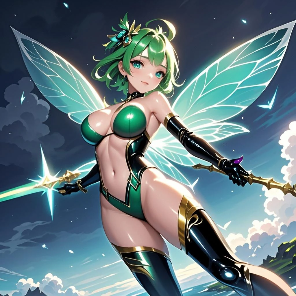 prismatic coloration, holographic environment, young girl, leafy skin, black skin, African-American, Elegant, elven ears, serious glare, ponytails, leaf green hair, Heterochromia with deep green & Gold eyes, C-cup, lithe, fit, Fairy like costume, full-body, slender legs, footless tights with leafy design, beautiful eyes, freckles, leaf green eyebrows, Cute butt, (long straight prismatic colored horns:1.2), wielding sword, Battle stance, grassy aura