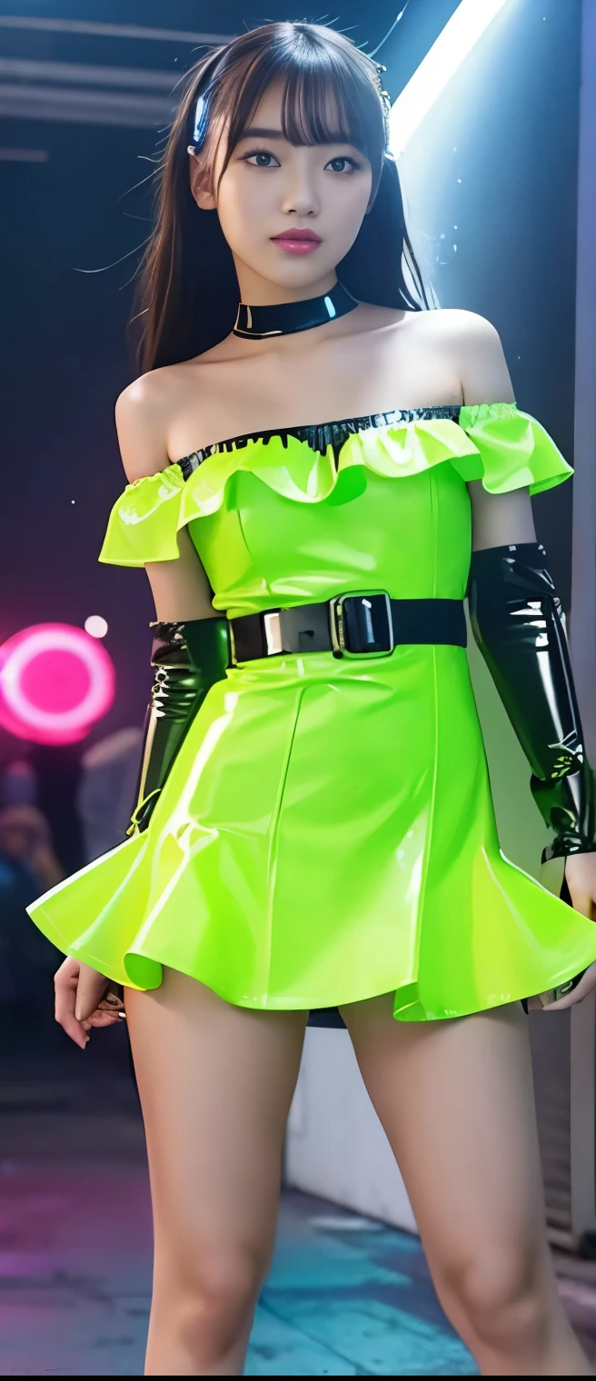 pure idol girl、A pure girl's face、 hypo、、off-the-shoulder cyber latex mini dress(Fluorescent Green)、、fighter belt、Glowing lightning、