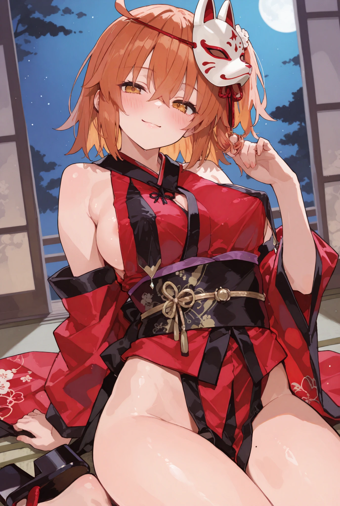 masterpiece, best quality, very aesthetic, absurdres, {{{masterpiece}}}, {{{best quality}}}, {{ultra-detailed}}, {illustration}, {{an extremely delicate and beautiful}} best quality Cute breasts smile glistening skin lower body fujimaru ritsuka \(female\)red kimono(Night:1.3)(((Night)))Fox mask geta hair twirling breast curtains