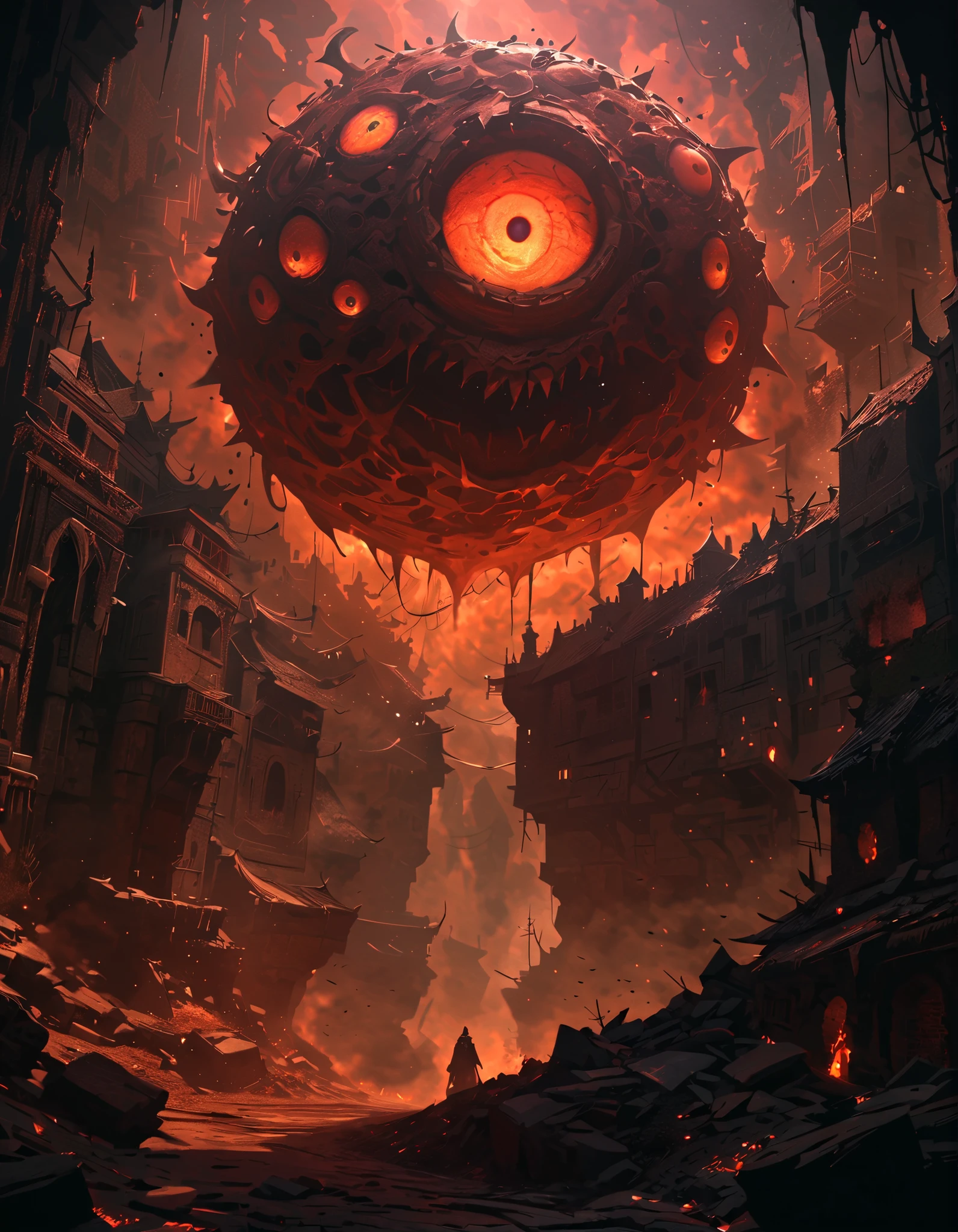 beholder, The Devil's Eye, giant eyeballs , Facing the Abyss, deep dungeon , BOSS Monster, Creepy Atmosphere, 暗くて不吉なダンジョンに浮かぶ giant eyeballs , Neon Eyes, A symbol of fear , Nightmare That Never Gets Cold, Shot with a Black Aura, Miasma drifts , complicated details, very detailed, surreal, Fantasy Art, dramatic lighting, Mood Closing, dark fantasy, Movie-like, dark color, chiaroscuro, Dramatic Shadow, Digital painting, Fantasy Clothes, Gritty in the dark, (Highest Quality:1.2, 4K, 8k, very detailed, attention to detail, masterpiece:1.2, Best Aesthetics),