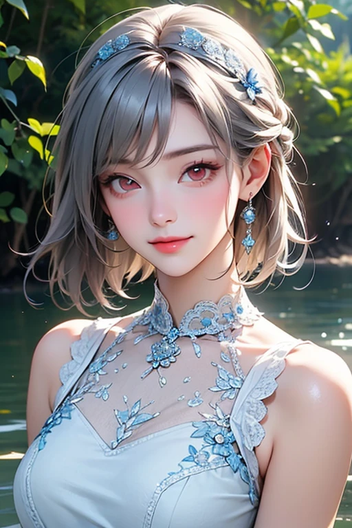 beautiful woman with light slate gray hair with brown highlights, Gibson Tuck,bombshell bob cut, elaborate costume design, , at a  park, caucasian,