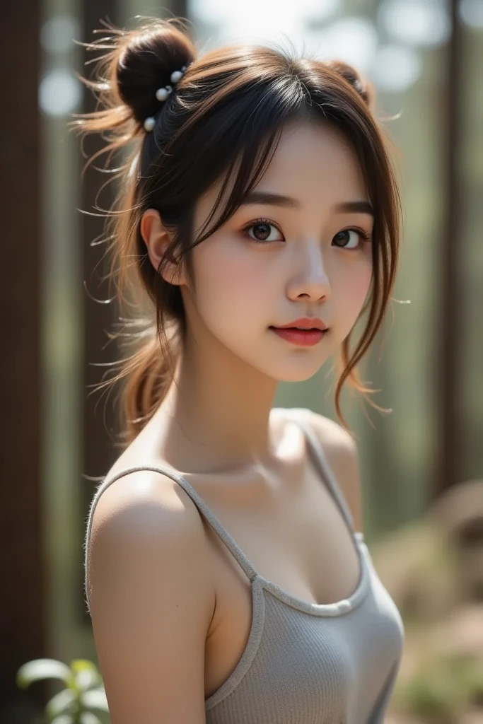 highest quality, masterpiece, ultra high resolution, (realistic:1.4), (portrait facing each other) Raw photo, 1 girl, 20-year-old,((K-pop idol costumes)),((ponytail hair)),((Bangs, short hair, above eyebrows)),((looking up at the viewer)),realistic,((Simple solid color background)), picture media chest)),((toothy smile)),