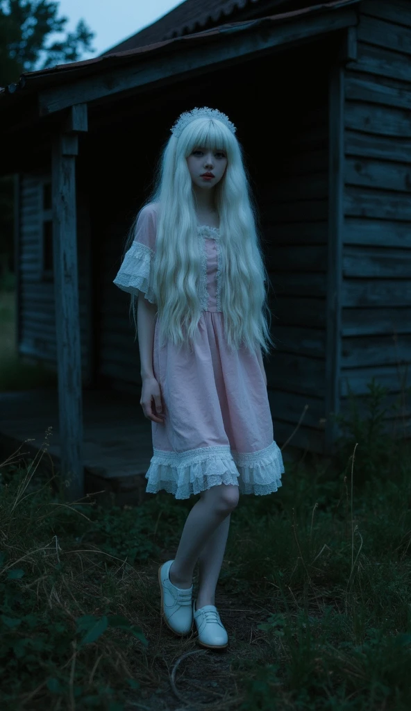 girl with pale skin, long hair, who has one eye covered by a cloth that covers it, who wears fantasy clothing which has a pink skirt, who wears long white stockings and shoes, who looks like her face is emotionless, The image has to be pixelated like for a video game and it has to be disturbing, so that the girl is afraid