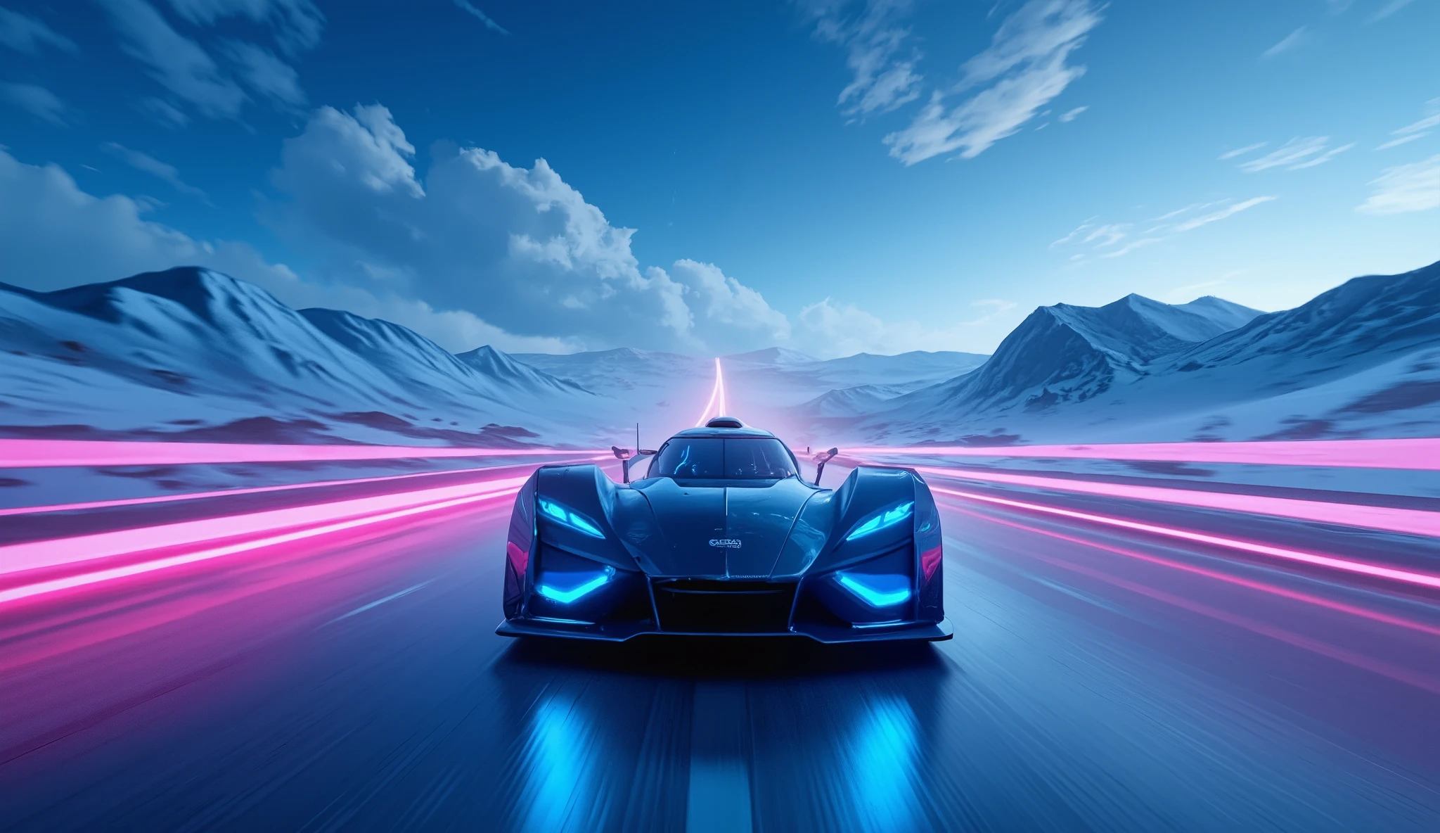 A hyper-futuristic racing car with an aerodynamic design
and glowing blue neon LED lights, speeding down a digital highway.
reaching into a deep blue sky with scattered clouds.
The environment is lit by bright pink light trails
running across the scene, creating a sci-fi cyberpunk atmosphere.
Shot from front side, with a highly realistic rendering style
and road is flanked by massiaccurate reflections
on the car’s surface. ghotic