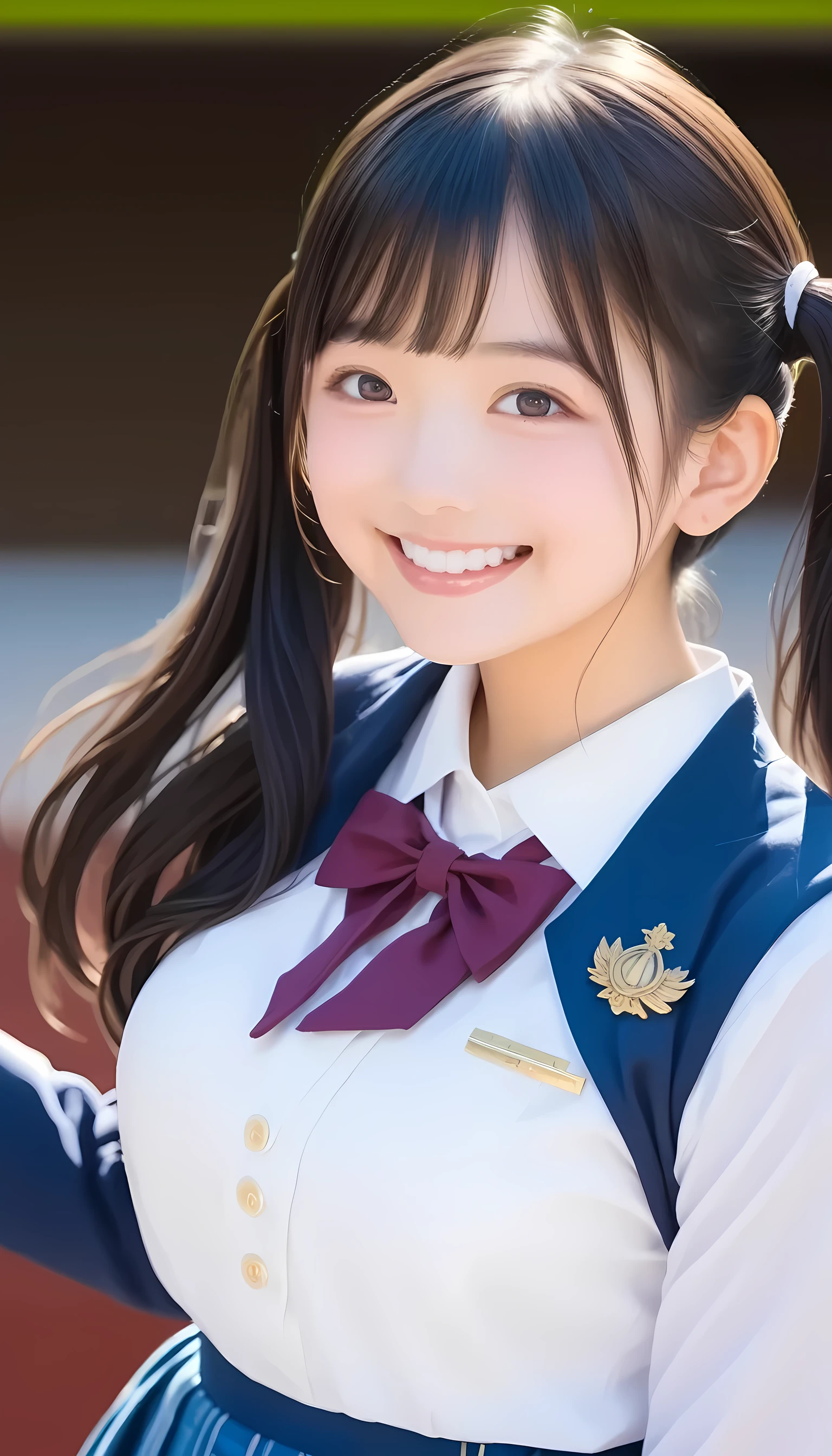  score_9, score_8_ up, score_7_ up, details,  absolute resolution ,32K,masterpiece, Highest Quality , Super high quality and, detailsで美しい顔と目 , super real, beautiful young Japanese woman, black hair,princess cut,  twin tails,(smile),White teeth、 growing skin, uniform, blazer, skirt for ears ,School tights, Cleevidge , Big Breasts,From a perspective , upper body, Observe viewers closely,( private room )、(( black tights))、 Knee-length、