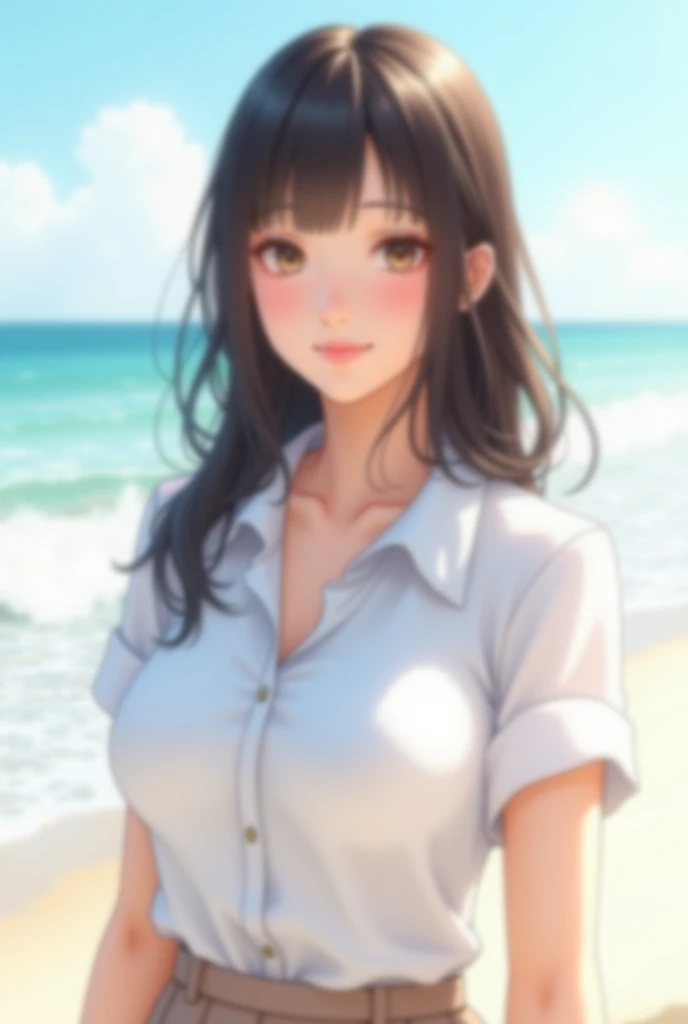 ultra-detailliert, hight resolution, (Realistic, Photorealistic: 1.4), 8K, Raw photo, (masutepiece), (Best Quality), physically-based renderingt, Female college student, Brown hair, sand beach, _white_Shirt、
