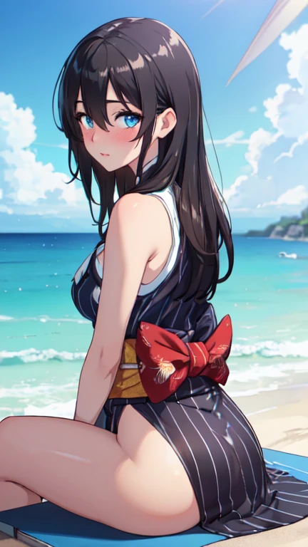(top-quality:1.4)、(​masterpiece:1.4)、(Details hair and eyes)、outside of house、(Sinking into shallow waters:1.2)、Shallow sea、the beach、horizon、blue open sky、rays of sunshine、shinny skin、1girl in、aqua、a purple eye、Sailor Bikini、ruffle bikini、bikini skirt、middlebreast、(red blush:1.3)、gasps、Wet、Sitting in shallow waters、wariza、hands behind back、