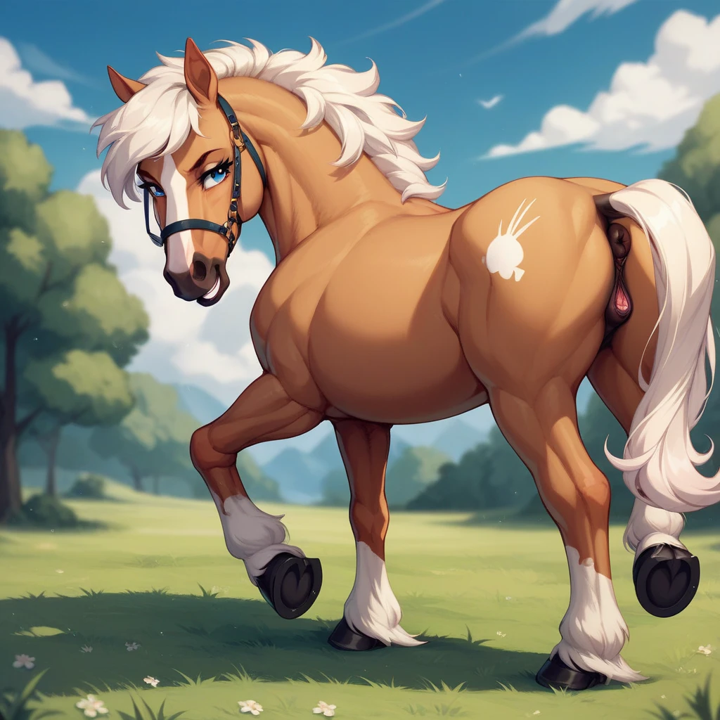 1female horse, feminine, on stable floor, background, blush, long blonde hair, (detailed equine pussy), big butt, nude, mature, (sweat), pussy juice, voluptuous, view from behind, horse tail, detailed pussy, in a stable, dirt ground, small amount of hay on ground, feral horse, animal, in a bar, glancing back at viewer, (duo), female horse teats, (male and female horse), (male horse mounting female horse), vaginal, (large horsecock), long mane, motion lines, thrusting, orgasm, cum,