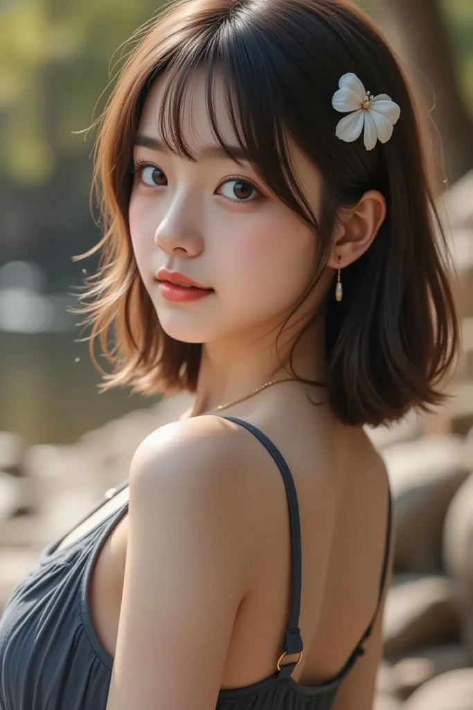 (8K、Raw photo、Highest quality、masterpiece:1.2)、(Realistic、Photorealistic:1.37)、Ultra-detailed、Ultra-high resolution、 beautiful girl、Beautiful and well-proportioned face、whole body、Beautifully detailed skin、Skin Texture、Professional Lighting、Big breasts that are about to spill out、Cute fluffy bob cut、A dynamic pose