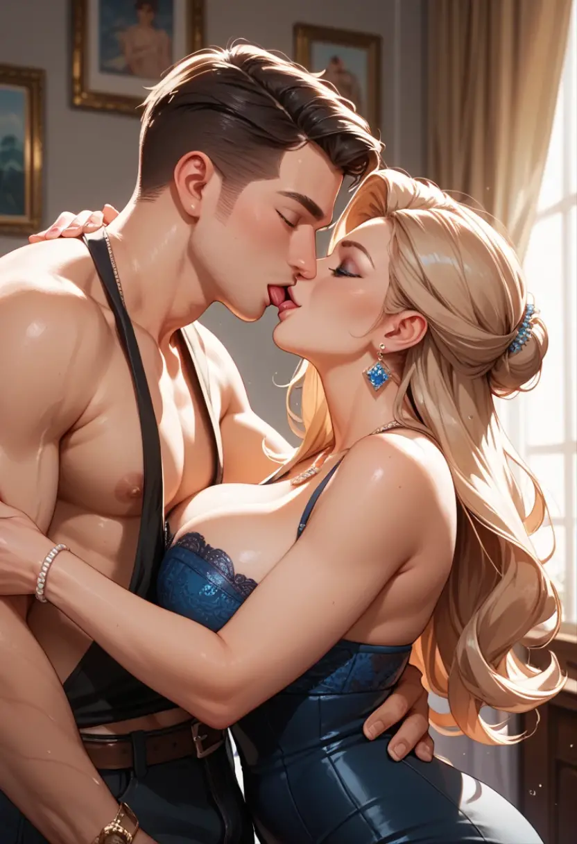 of digital art portrays a man and a MILF (Mother I'd Like To Fuck), their intimately connected bodies adorned in exquisite outfits from a top-quality, highly detailed CG Unity 8k wallpaper. The man's rugged, muscular frame is accentuated by a sleek, realistic textured t-shirt, revealing every fiber and pore. The MILF, embodying timeless beauty, is clad in a simple, pure dress that radiates elegance. Their gazes lock, filled with passion, in the soft, well-lit setting. The background remains delicately blurred, allowing their embrace, as they cherish