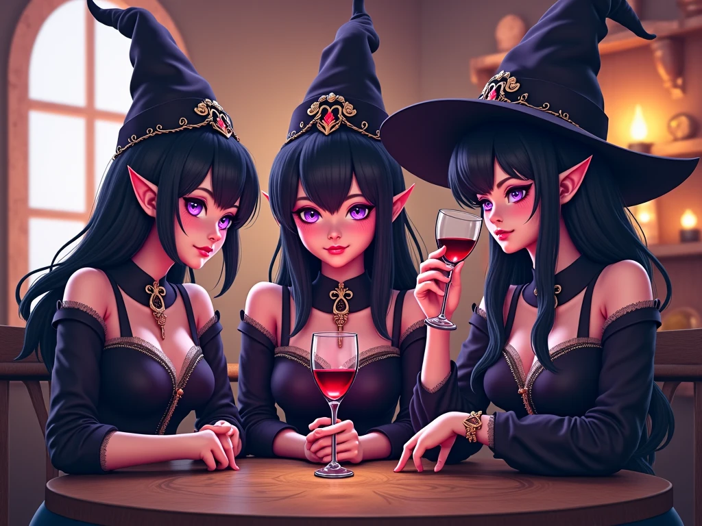 Three sexy witches brewing a potion in a big cauldron
