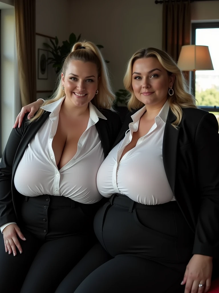 2heads, two-headed woman, curvy, Irish, blonde, age 29, one torso, casual dress, beautiful, happy, trileg,