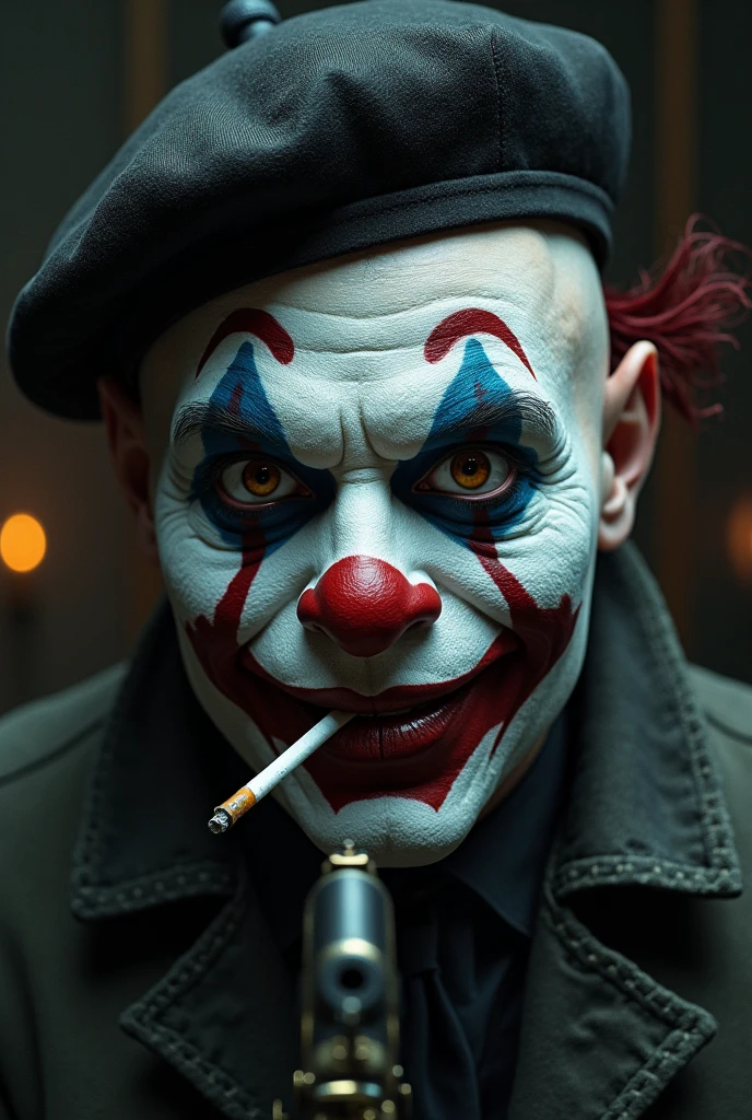 Noir detective but with clown face laughing 1940s style