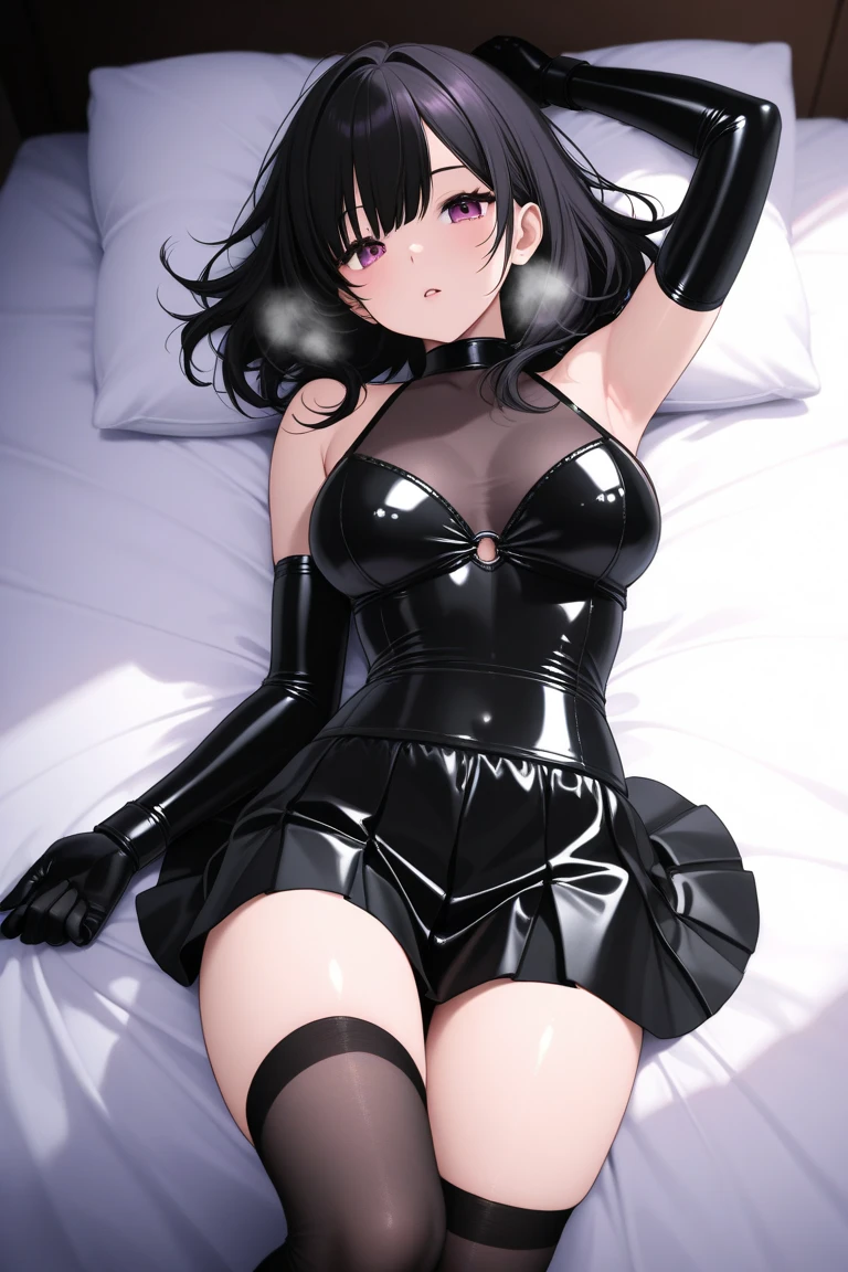 ((blood droplets)), ((blood)), ((blood splatter)), ((blood on clothes)), ((blood stain)), Masterpiece, Beautiful art, professional artist, 8k, sleeping expression, very detailed face, Detailed clothing, detailed fabric, 1 girl, View from above, lying on the ground, BIG BREASTS, perfectly drawn body, pale skin, tired expression, beautiful face, long black hair, Closed eyes, pink cheeks, choker:1.6, (white long sleeve button down shirt with white collar), black gloves, gloves that cover hands, (black leather corset), (shiny black leggings), Sensual Lips, dark forest, Atmosphere, fog, At night
