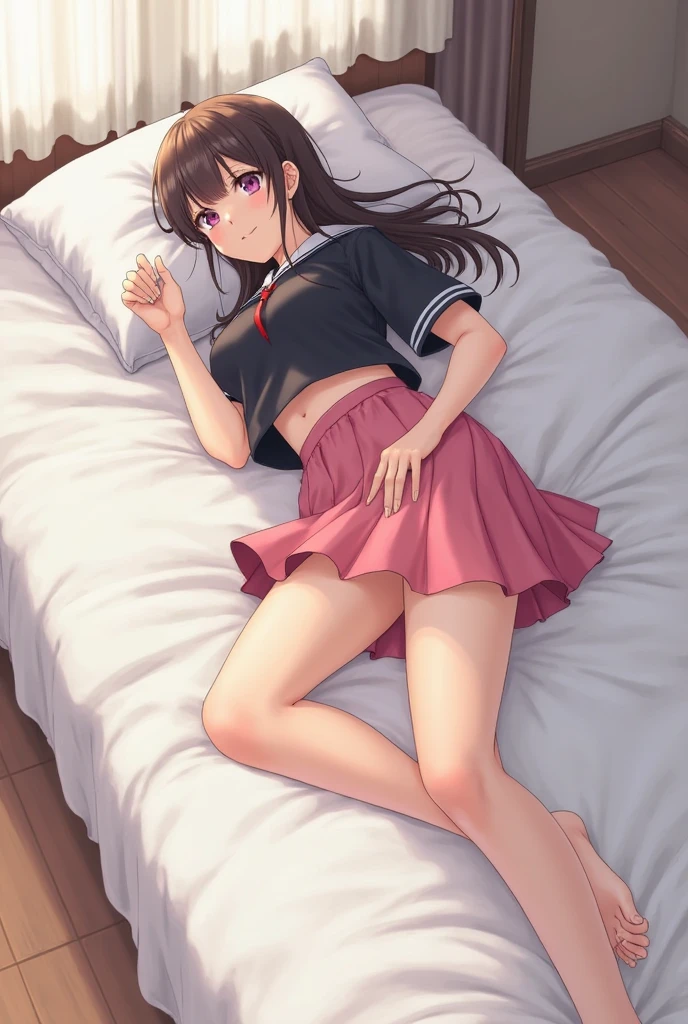 Anime girl laying on bed wearinf tigh shorts and white knee socks her face is facing the bed and her feet are in the air dangeling around