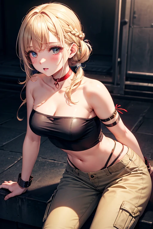 最high quality、best image quality、masterpiece、with a girl((18-year-old、Black and red bra、white pants、vest bust、bust 85、blonde、disheveled ponytail、blue eyes、open your chest wide、happiness、chain accessories、Black wristband on wrist、leaning forward,Slender))high quality、visual art、With background((Hawaiian))、table top