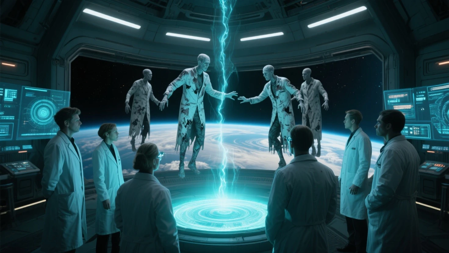 "Man*Made*Horrors" text logo:9, Faces Exploding from glass biology chamber, shadowy laboratory, electric, action shot, eerie nuclear glow, inflamed neurons background <lora:Harrlogos_v1.1:1>, prominently featured text in foreground "Man*Made*Horrors", <lora:ab0m:0.6>, ab0m