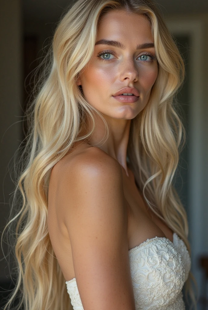 a blonde woman, cheveux longS, yeux détailléS, S'adonne à Son fétichiSme, gown, baS courtS avec porte-jarretelleS, cuiSSardeS