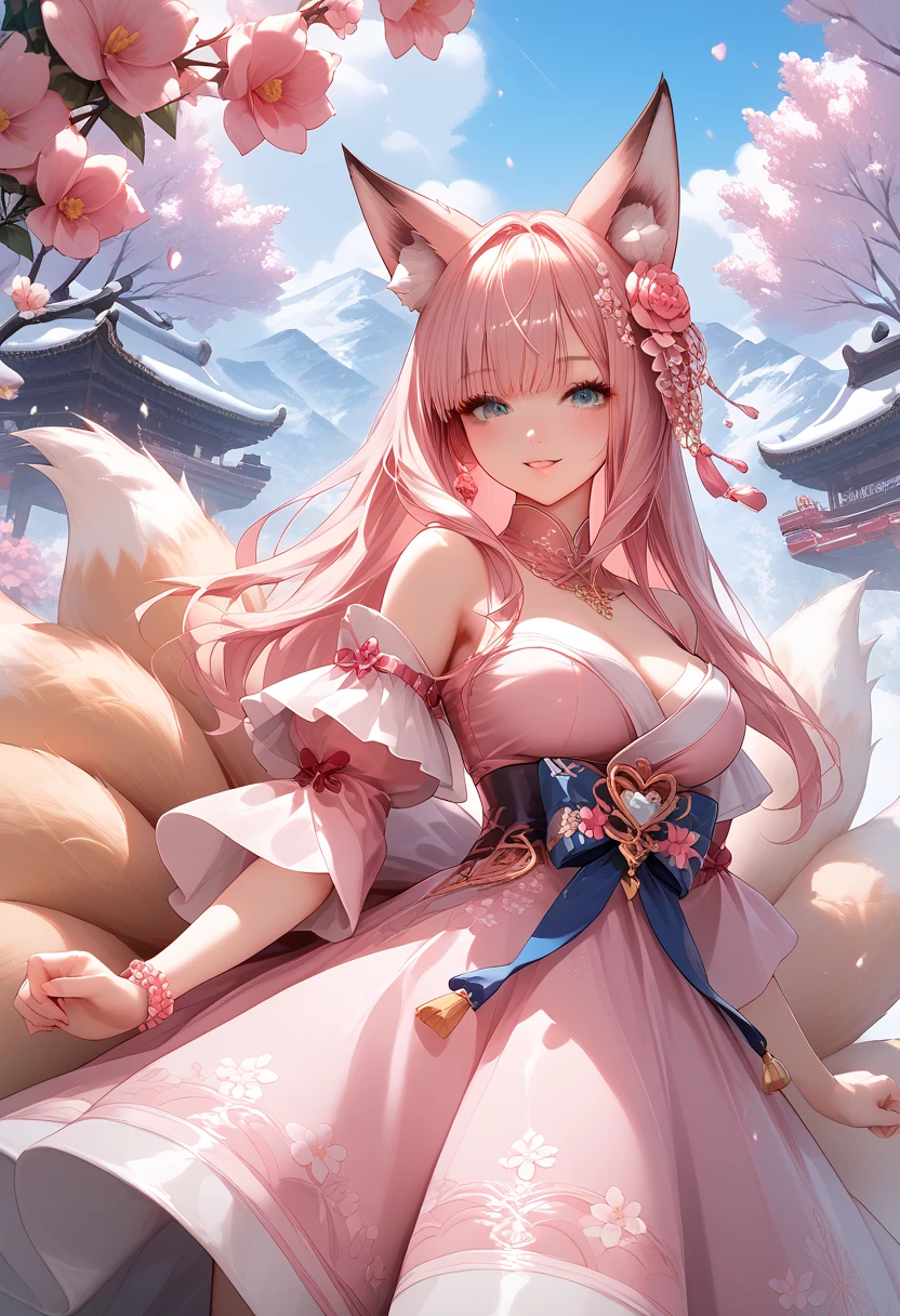 (masterpiece), best quality, expressive eyes, perfect face, fox girl, ((fluffy tail)), (under cherryblossom tree), coloful summer dress, embroided summer dress, red eyes, detailed eyes, perfect face, cleavage, best view angle, Portrait effect 