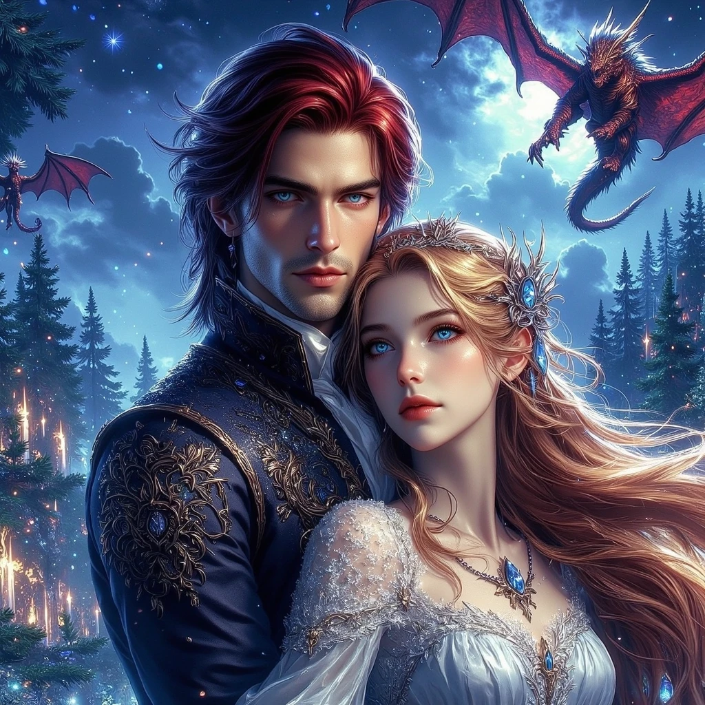 fantasy, handsome man with dark hair violet eyes and dark wings, beautiful woman with long brown hair and blue grey eyes, pointy fairy ears