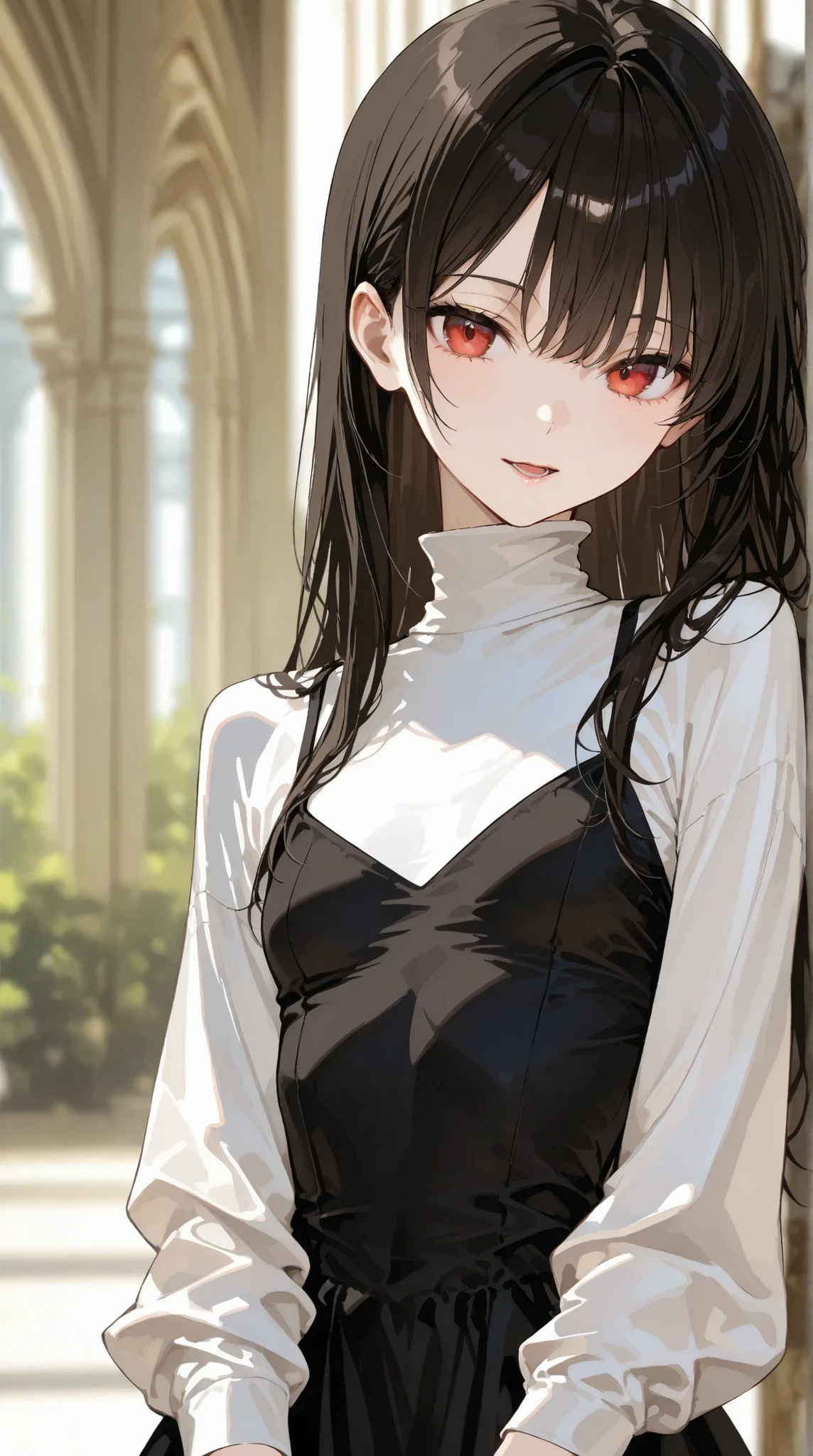 Highest Quality、masterpiece、Completed, beautiful woman highlighting her lower lip, 24 years old, black dress,turtleneck, slim, long hair、(((small breasts))、white shirt、Natural look、blurry background、