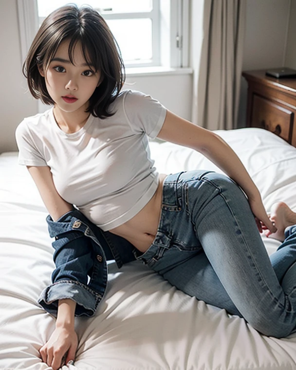 {cowboy shot:1.5},{{I can see your pussy}},{{no dress}},(best quality, masterpiece, 16k, ultra detailed, beautiful skin, professional lighting) {{A girl, full body, naked, nude, bare}},,{{pussy:1.1),{{(((No pants、pubic hair:1.2)))}},{{nipple}},{{{{ Double eyelids, Big eyes }}}},{{metallic eyeshadow}},{{lipstick}},{{Bob Cut}},{{no denim}}