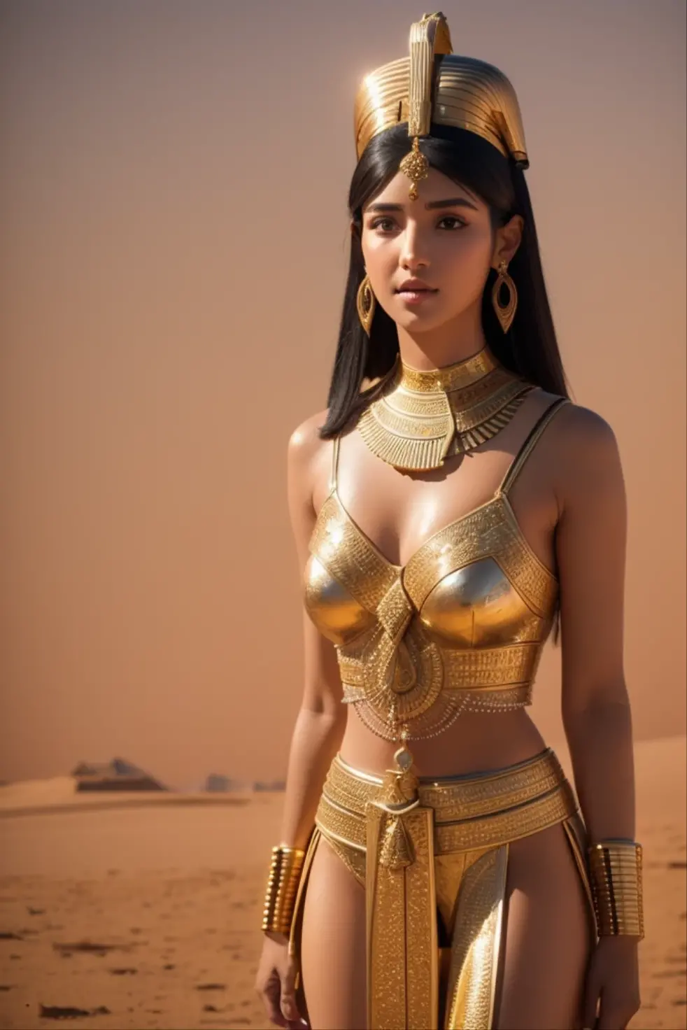 realistic photo, masterpiece, highest quality, high quality, cute, (detailed face and eyes:1.1), (freckles:0.8), gold choker, intricate Egyptian gold and black armor, white cloak, hieroglyphics, by Jeremy Lipking, by Antonio J Manzanedo, short black hair with gold highlights, messy hair, (gold eyes), royal, midriff, navel, dusk lighting, small breasts, thighs, hands behind head, desert background