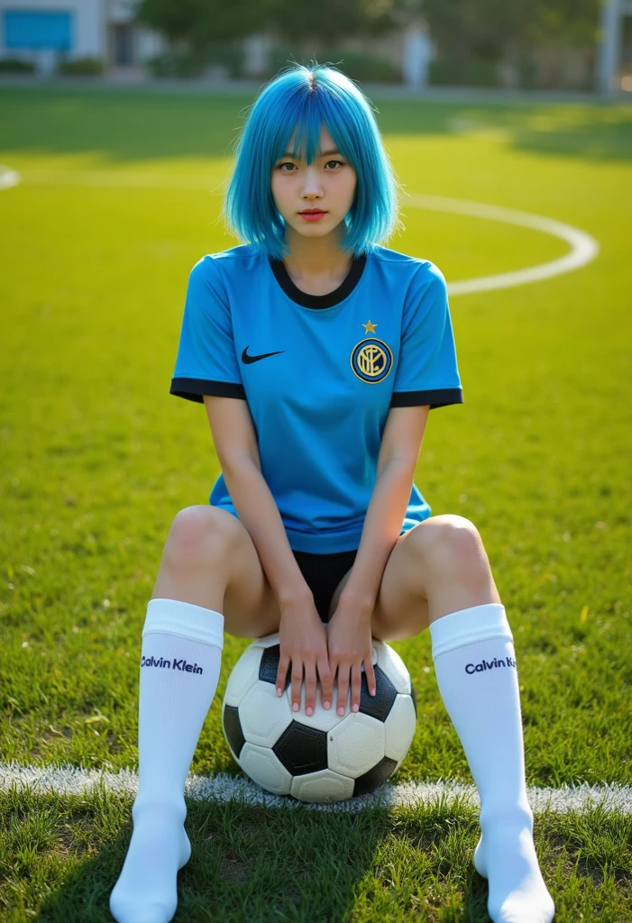 (Photogenic, Various poses, best quality, Masterpiece: 1.5), soccer, soccer ground, soccer ball, voluptuous body, beautiful face, 3D, Japanese, soccer uniform, blue hair, beautiful face, shining thighs, pure white skin, Japan, high school girl, real