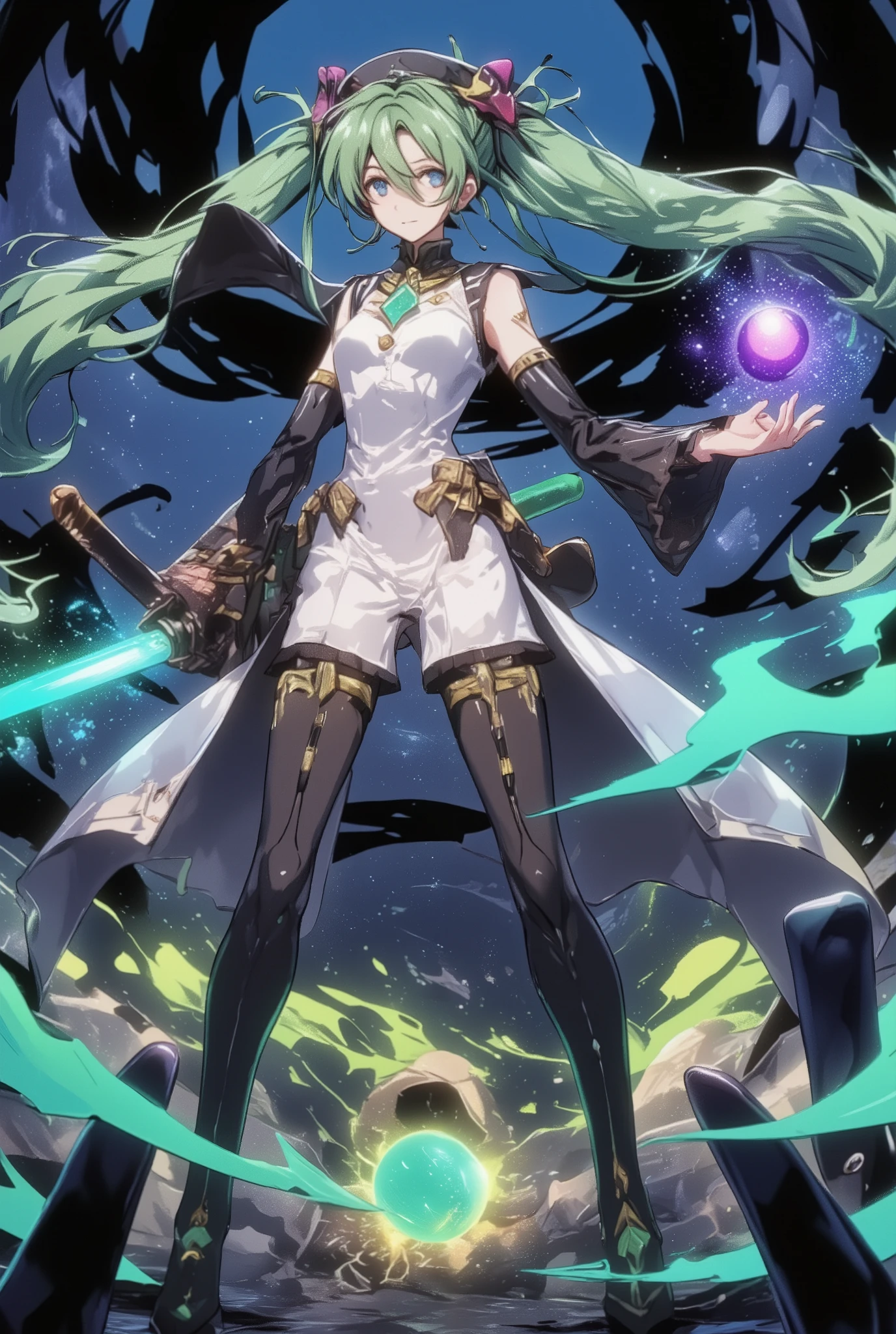 ( masterpiece、 Highest Quality、 Highest Quality、official art、 beautiful beautiful :1.2) Hatsune Miku、Light Green Twin Tails, beautiful breasts、Last Boss Costume、Isekai for puzzles、fantasy、World of Swords and Magic、Magic Ball in the Right Hand、Sword in left hand、Solemn Atmosphere、Swirling Black Aura