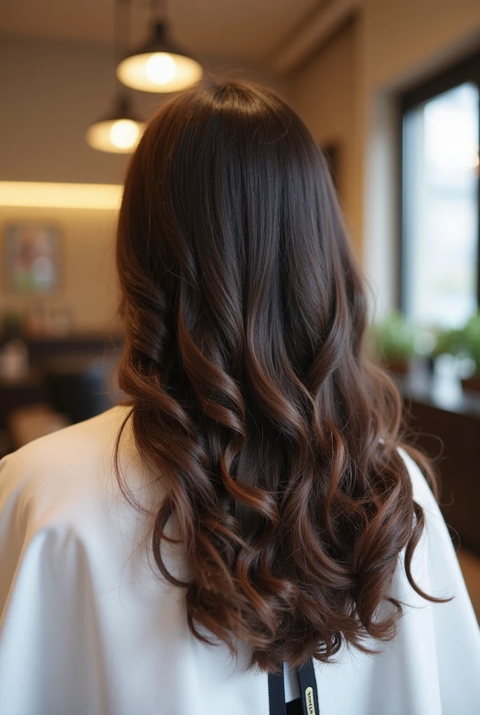 Hairstyle seen from behind、White wall background、Medium Hairstyles、Curly Hair Style、Smooth hair texture、Outward curled hair、Top fluffy hair、Light tips、Hairstyles with movement、Japanese women、White T-shirt、Hair style with tiers、Hairstyles without waves