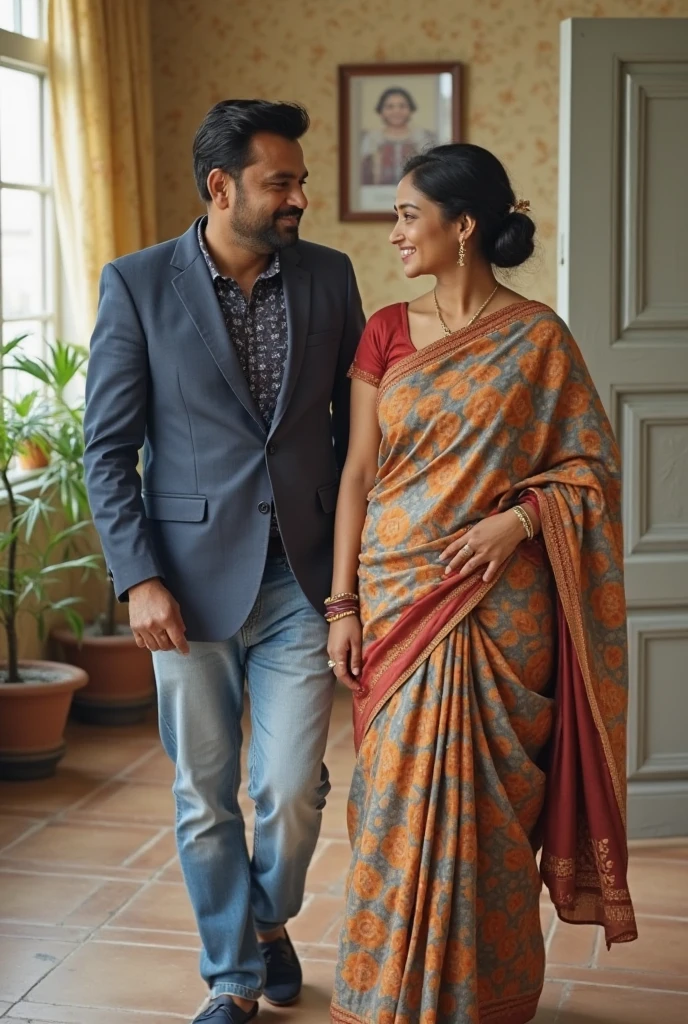 A handsome 21-year-old man uplifting a 40-year-old beautiful gorgeous thick Indian woman in the kitchen, man holding woman's waist from behind and uplifting, woman's hands up and taking a flour box from an upper cupboard, woman wearing a saree with sunlight streaming through the window and wearing glasses and a vintage clock on the kitchen wall and a bindi on her forehead and cupboard door upperside, they are happy and blushing with shy expressions